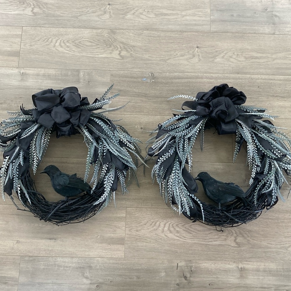 (2) Halloween Black Crow and Ribbon Wreaths